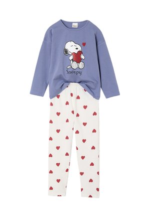 Snoopy-Motiv Schlafanzugset mit blauem Langarmoberteil mit grafischem Druck und weißen Hosen mit roten Herzmustern. Aus weichem Baumwollmaterial.