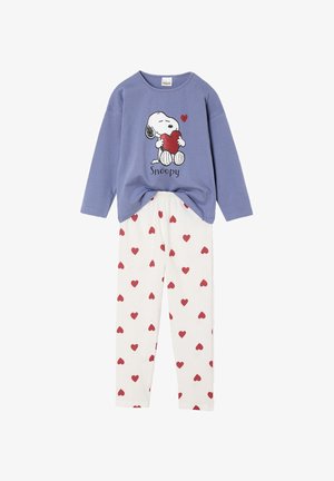 Snoopy-Motiv Schlafanzugset mit blauem Langarmoberteil mit grafischem Druck und weißen Hosen mit roten Herzmustern. Aus weichem Baumwollmaterial.