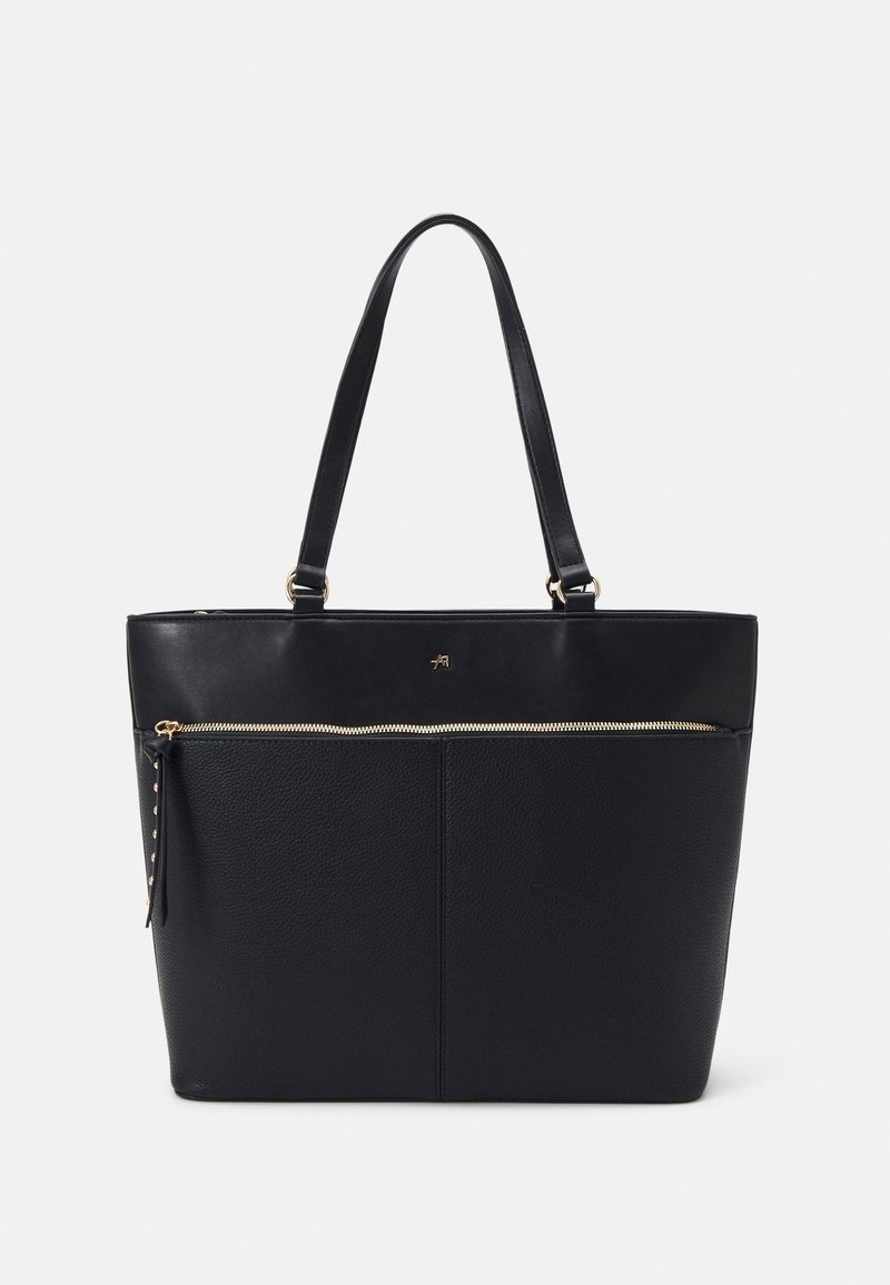 Sac cabas en cuir noir avec deux anses d'épaule, poche avant zippée avec fermeture éclair dorée et petit logo doré au centre haut.
