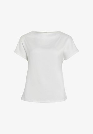 Witte top met korte mouwen en een ronde halslijn, gemaakt van gladde stof. Heeft een halsopening met sluiting op de rug en een losse pasvorm.