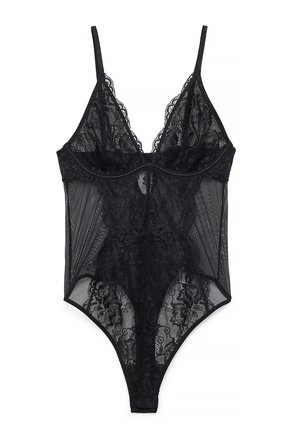 Mustast pitsist bodysuit läbipaistvate võrkküljedega, reguleeritavate õlapaeltega ja lillemustriga üle kogu pinna, sügava V-kaelusega disainiga.