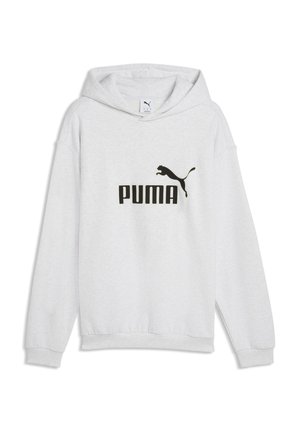 Sweat à capuche gris clair à manches longues avec un logo Puma noir et un texte centrés sur le devant.