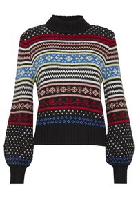 Stickad tröja med en hög svart ribbad krage, med flerfärgade randiga mönster i blått, rött, rosa och kräm mot en svart bas.