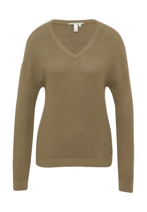 Geweven v-hals trui in olijfgroen, met een gestructureerd breipatroon, lange mouwen en een geribde afwerking bij de halslijn en onderrand.