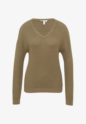 Geweven v-hals trui in olijfgroen, met een gestructureerd breipatroon, lange mouwen en een geribde afwerking bij de halslijn en onderrand.