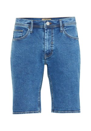 Blå denim shorts med lige pasform, fem lommer og kontrasterende syninger. Stof har en glat tekstur med en let falming.