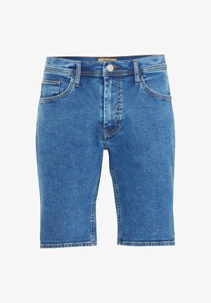 Modri denim kratki hlače s ravnim krojem, petimi žepi in kontrastnim šivanjem. Tkanina ima gladko teksturo z rahlim zbledelostjo.