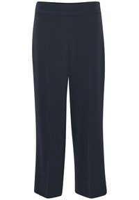 Navy slouchy pants made of soft fabric. Features a wide waistband, straight leg design, and hemmed edges with no patterns or embellishments.