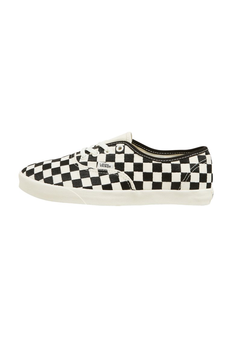 Black and white checkerboard canvas shoe with a low profile, lace-up design, white rubber sole, and subtle logo detail on the side.