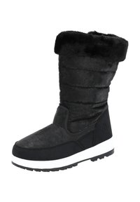 Bota de invierno negra con un cuello de piel sintética, parte superior acolchada, acabado texturizado y suela de goma blanca. Presenta una punta redonda y un tacón bajo.