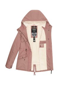 Šviesiai rožinė striukė su kapišonu, su minkšta balta kailio pamušalu, reguliuojamais raizgynais ir sagų užsegimo kišenėmis. Prekės ženklas matomas viduje.