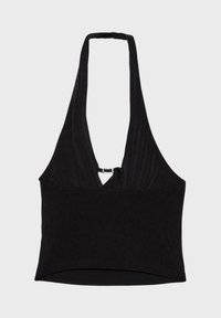 Crna halter top kratkog kroja s dubokim V-izrezom i detaljem čvora sprijeda. Izrađena je od mekog materijala s glatkom teksturom, s oblikovanim dizajnom.