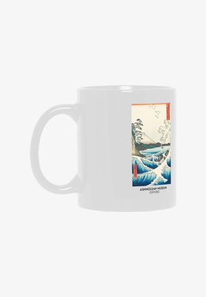 White mug featuring a colorful Japanese-style wave and mountain artwork with Ashmolean Museum Oxford text below.