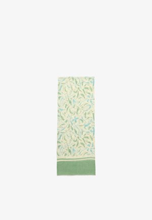 Écharpe rectangulaire avec des motifs abstraits de feuilles vertes et bleues et une bordure unie verte sur un fond crème.