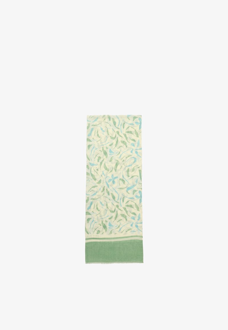 Écharpe rectangulaire avec des motifs abstraits de feuilles vertes et bleues et une bordure unie verte sur un fond crème.