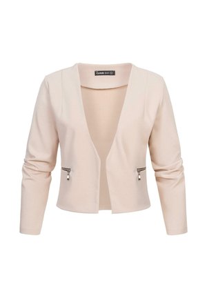 Kurze Ärmel, offen-front Jacke aus weichem pinken Stoff. Verfügt über zwei mit Reißverschluss gesicherte Taschen und eine glatte Textur mit modernem Schnittdesign.
