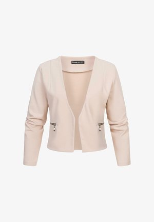 Krateg z dolgimi rokavi, odprto sprednjo jakno iz mehkega roza blaga. Ima dve žepu na zadrgo in gladko teksturo s sodobnim krojem.