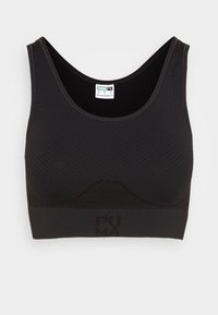 Brassière de sport noire avec une surface texturée et côtelée. Comprend un design sans manches et une large bande élastique avec un logo. Tissu doux et extensible.