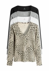 T-shirt a maniche lunghe in un set. Caratterizzato da una maglietta beige con stampa leopardata nera e t-shirt nere, grigie e bianche sullo sfondo. Design a scollo a V.