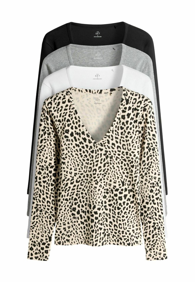 T-shirt a maniche lunghe in un set. Caratterizzato da una maglietta beige con stampa leopardata nera e t-shirt nere, grigie e bianche sullo sfondo. Design a scollo a V.
