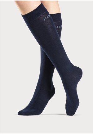 Kniestrümpfe in Dunkelblau, aus glattem Stoff mit leichtem Glanz. Mit LOGO-Text in hellgrau am Bündchen.