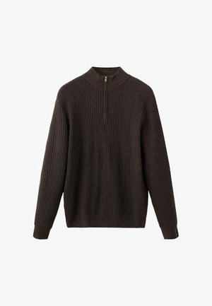 Brauner gerippter Pullover mit hohem Kragen und 1/4 Reißverschluss, aus Strickstoff gefertigt. Besitzt lange Ärmel und eine lockere Passform.