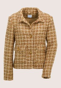 Bruine en beige tweedjas met een notch-kraag, drie voorste knopen en twee knoopflapzakken, gepresenteerd op een effen achtergrond.