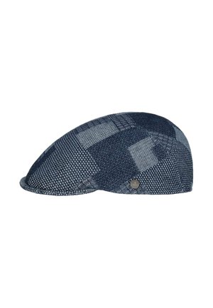 Flat navy blue patchwork fabric newsboy cap with subtle textured patterns and a small round metal brand tag on the side.
