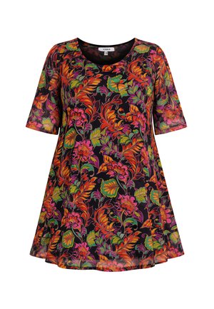 Zwarte tuniek met korte mouwen, met heldere oranje, roze, groene en paarse bloemen- en blaadjespatronen.