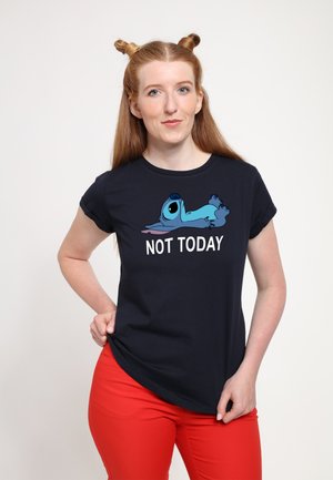 Marine t-shirt met een blauwe cartoonfiguur die ligt met de tekst "NIET VANDAAG" in het wit. Korte mouwen, zachte katoen.