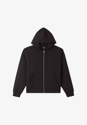 Felpa nera con zip, tasca frontale, maniche lunghe e cappuccio regolabile. Realizzata in un tessuto morbido e testurizzato. Taglia XL.