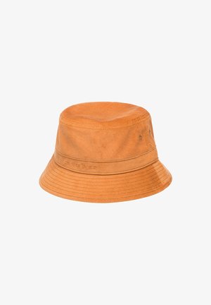 Orangenes Bucket-Hat mit gerippter Textur, breiter Krempe und genähtem Band. Verfügt über ein Logo an der Seite und eine glatte, strukturierte Krone.