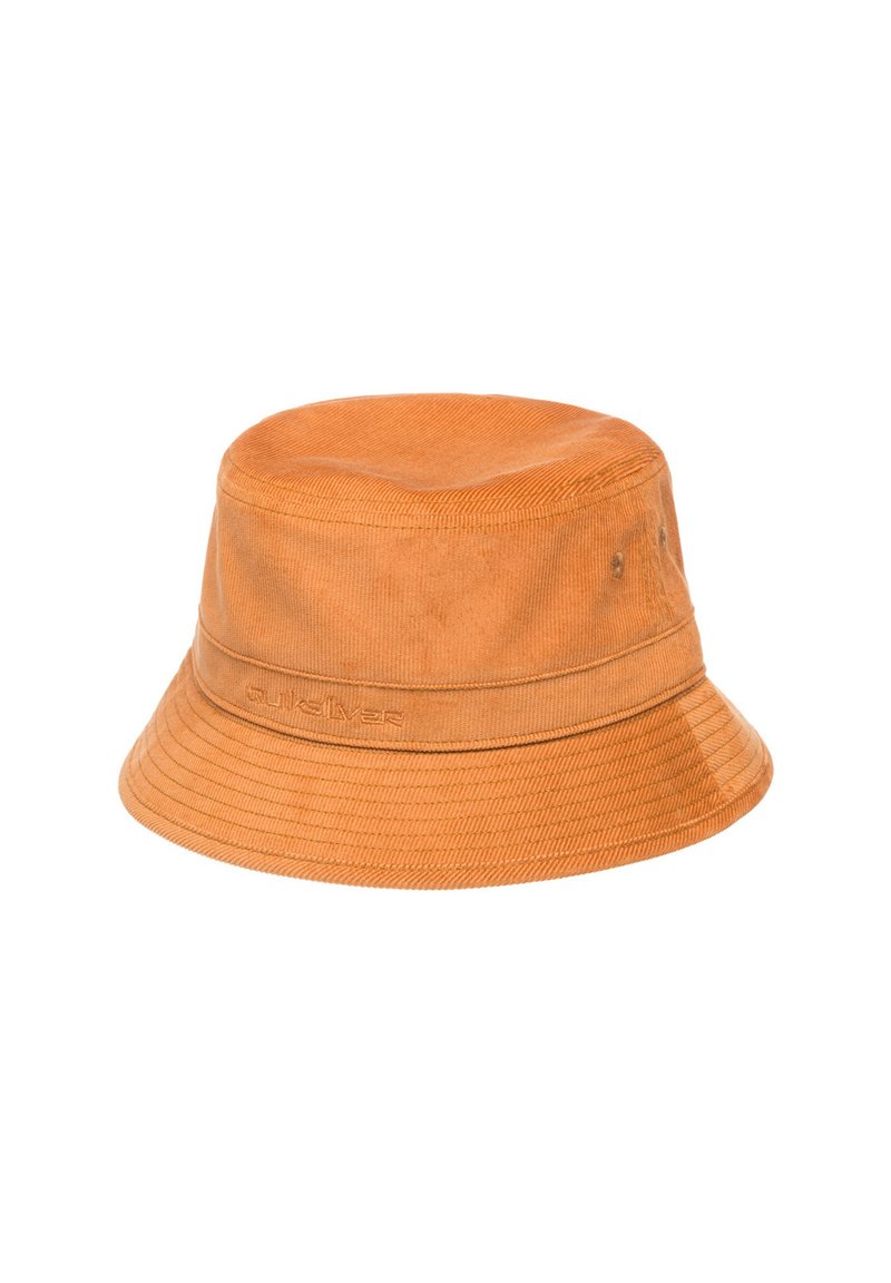 Orange bucket hat with a ribbed texture, wide brim, and stitched band. Features logo on the side and a smooth, structured crown.