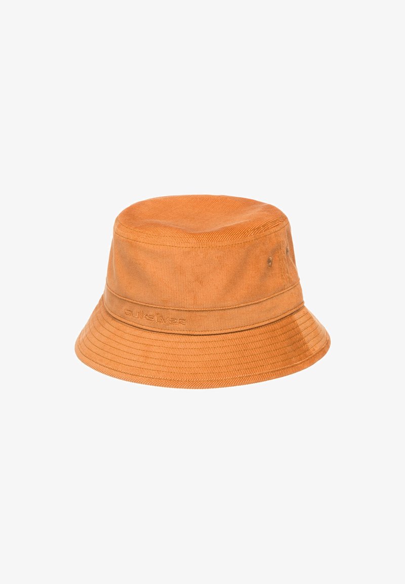 Orange bucket hat with a ribbed texture, wide brim, and stitched band. Features logo on the side and a smooth, structured crown.