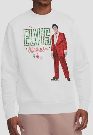 Sweatshirt mit buntem "ELVIS A Rock n' Roll Christmas"-Schriftzug und Bild von Elvis Presley in einem glänzenden roten Anzug.