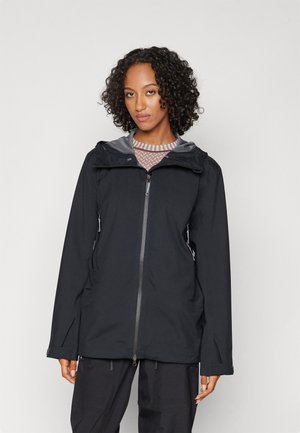Black waterproof jacket with a hood, front zipper, and zipped side pockets. Features a gray interior lining and loose-fitting cuffs.