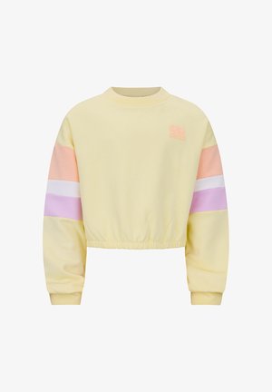 Lichtgele cropped sweatshirt met elastische zoom, lange mouwen met horizontale strepen in perzik, wit en lavendel, en een klein logo op de borst.