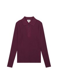 Bordowy żebrowany sweter z długim rękawem i kołnierzem, z zamkiem na pół i metalowym okrągłym ozdobnym elementem przy zamku. Miękka tekstura.
