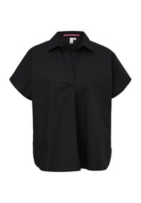 Zwarte tuniek top met korte mouwen en een kraag, met een gedeeltelijke knoopsluiting en een losse pasvorm. Gladde textuur met een eenvoudig, stijlvol design.