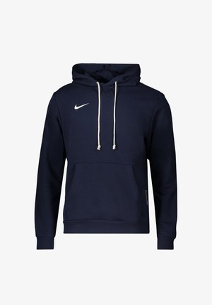 Felpa con cappuccio Nike blu navy con tasca frontale, coulisse bianche, maniche lunghe e logo Nike bianco a forma di swoosh sul petto.