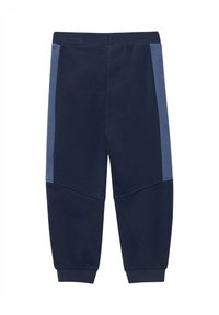 Navyblaue Jogginghosen mit einem gerippten Bund, kontrastierenden hellblauen Seitenpaneelen und schmal zulaufenden Knöcheln; aus weichem Stoff gefertigt.
