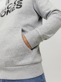 Gray hoodie made of cotton blend featuring a large black logo on the front, kangaroo pocket, and ribbed cuffs and hem.