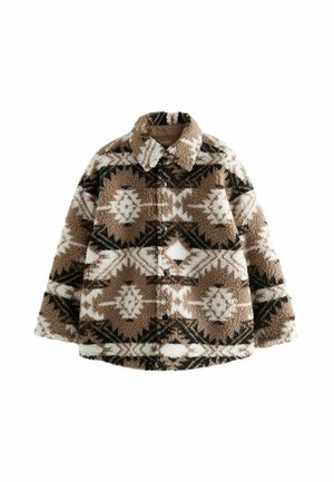 Braune und beige gemusterte Fleecejacke mit Kragen, die geometrische Entwürfe in Weiß und Schwarz zeigt und mit Druckknöpfen geschlossen wird.
