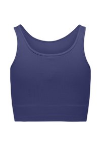 Lilla ribbet crop-top med rund udskæring og brede stropper, lavet af strækbart stof for komfort og fleksibilitet.