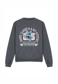 Charcoal gray sweatshirt featuring a cartoon character and text, with a round design, floral accents, and a soft cotton texture.