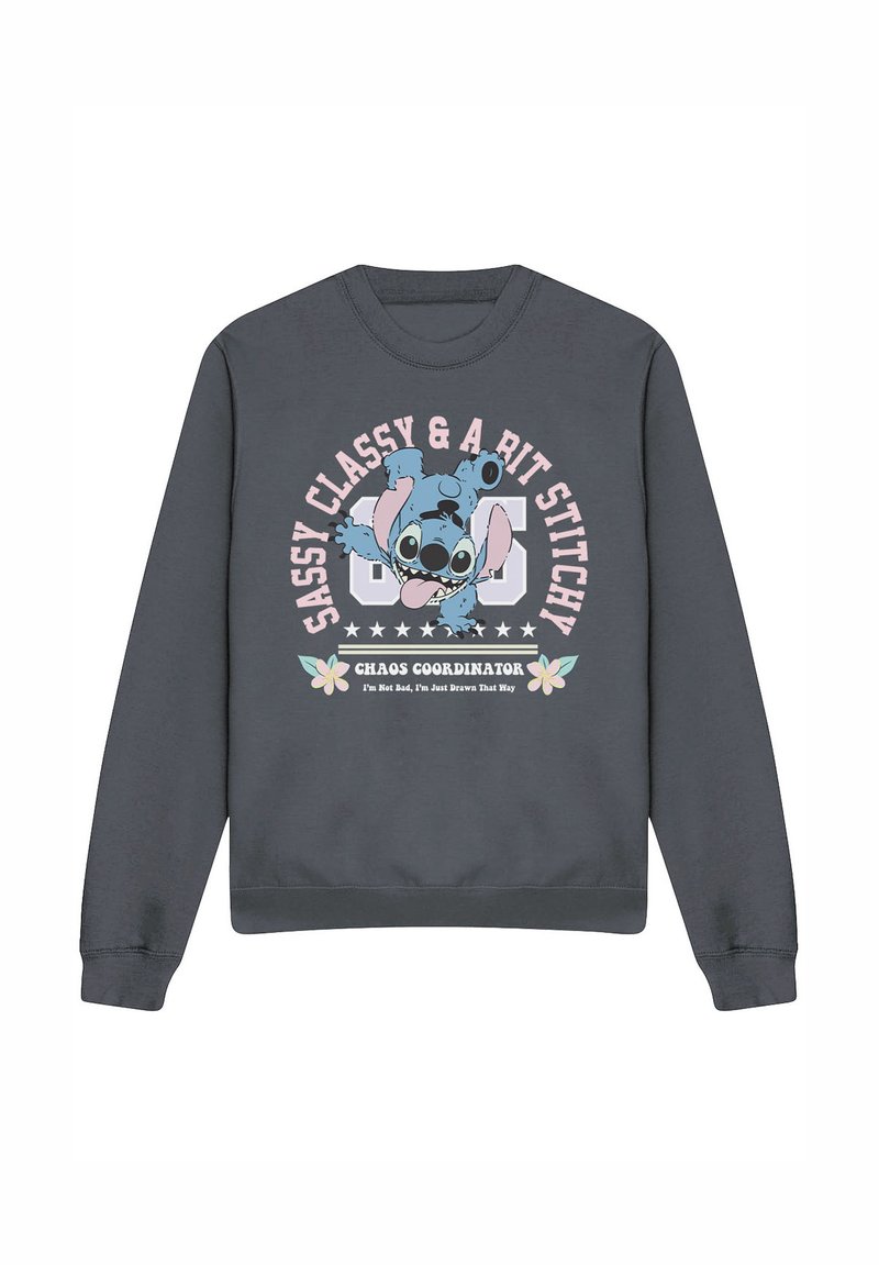 Charcoal gray sweatshirt featuring a cartoon character and text, with a round design, floral accents, and a soft cotton texture.