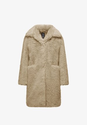 Beige knee-length faux fur coat with wide collar and long sleeves, featuring two front pockets and a concealed closure.