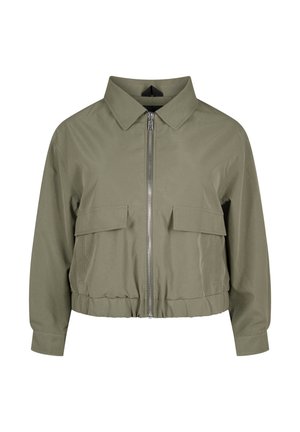 Olivgrüne, taillierte Jacke mit einem Reißverschluss vorne, Kragen und zwei Vorderaschen. Hergestellt aus einem glatten Material mit leichtem Glanz und elastischem Saum.