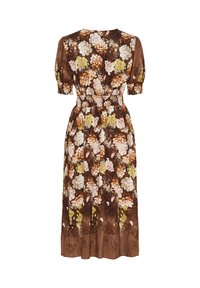 Brun midi-klänning med elastisk midja och korta puffärmar, med ett blommönster i vitt, orange, gult och rosa.