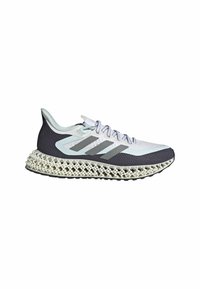 Chaussure de course avec une tige blanche et grise, des bandes Adidas grises et une semelle intermédiaire blanche texturée en treillis sur fond blanc.